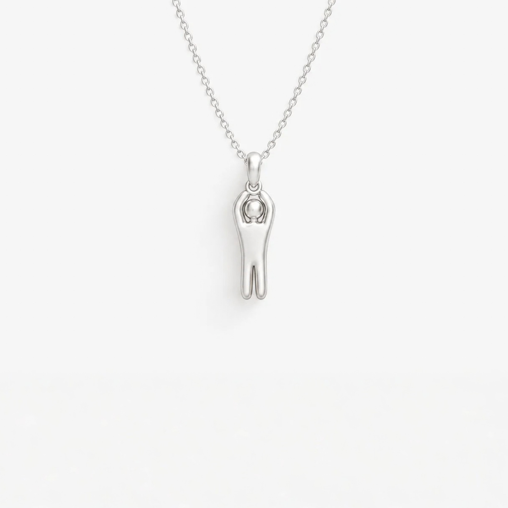 Reaching Figure Pendant in 925 sterling silver, hanging from a fine chain