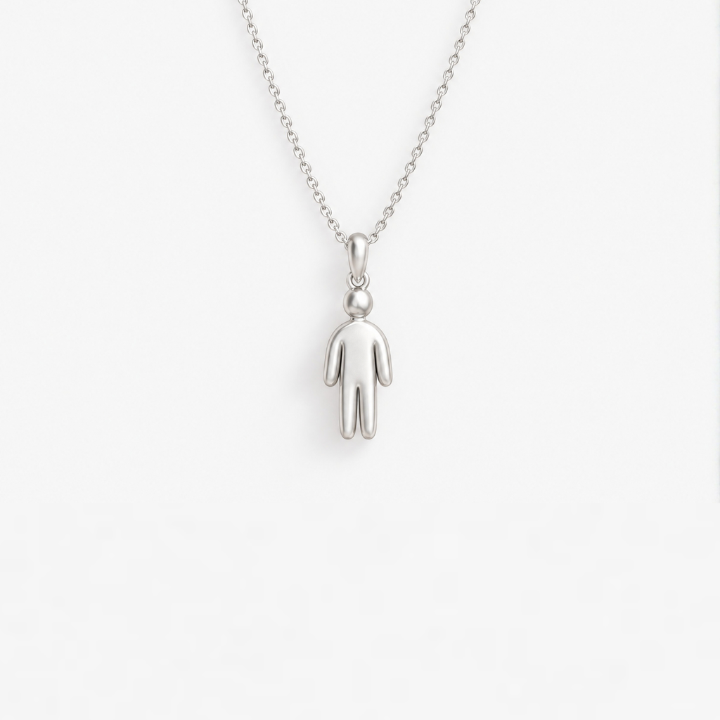 Human Figure Pendant in 925 sterling silver, hanging from a fine chain